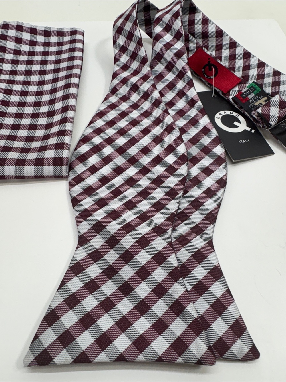NWT QBrand Burgundy, White & Black Gingham Bow Tie and Pocket Square Set